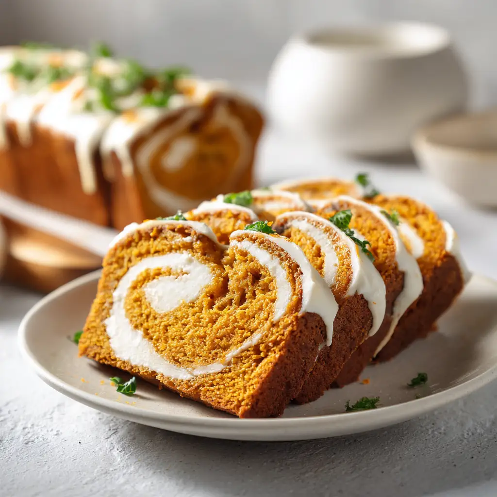 Ultra-moist Cream Cheese Swirled Pumpkin Bread loaf with creamy swirl, perfect for fall baking and pumpkin desserts.