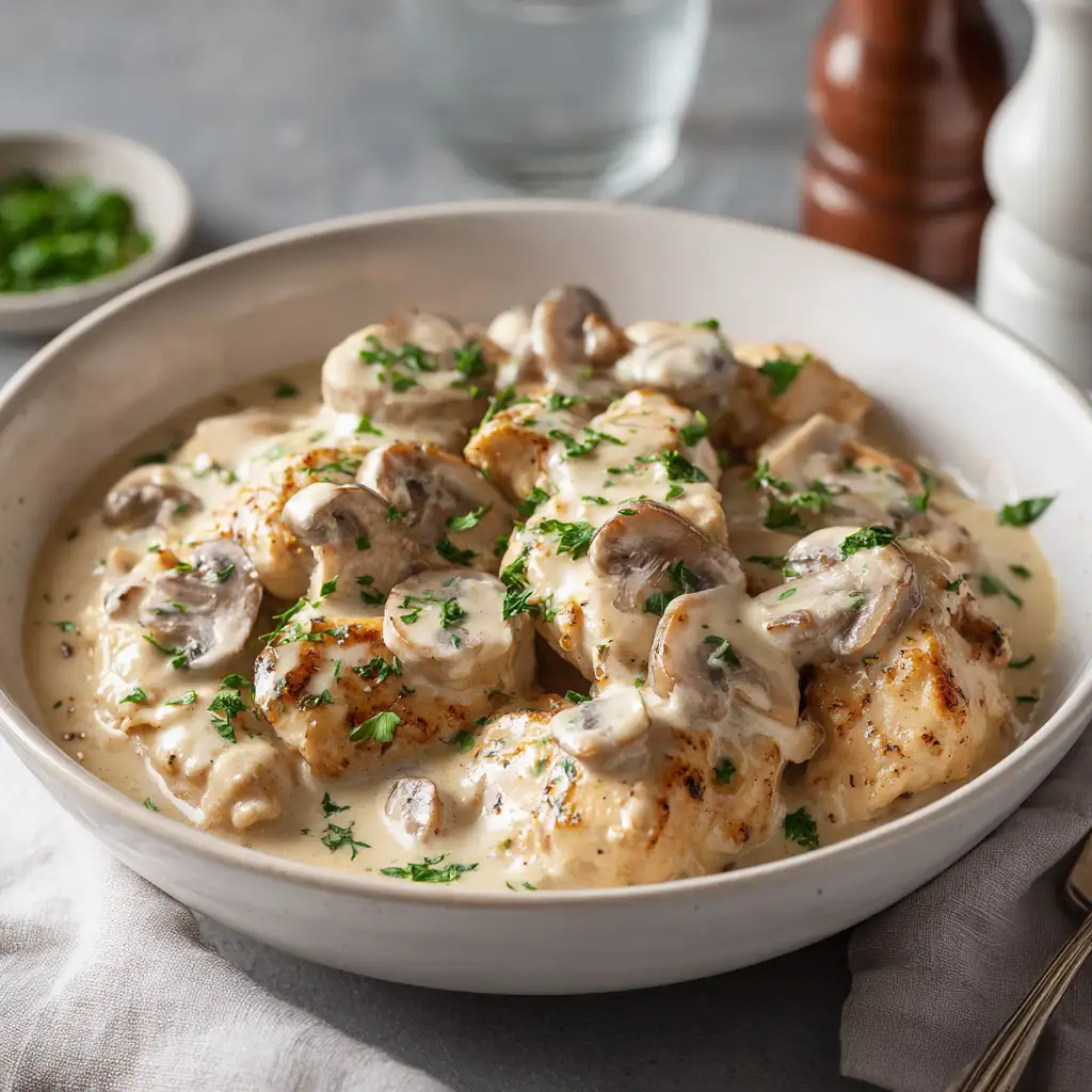 Creamy Mushroom Crockpot Chicken served with mushrooms and creamy sauce in a slow cooker, perfect for Healthy Crockpot Recipes and Easy Crockpot Meals.