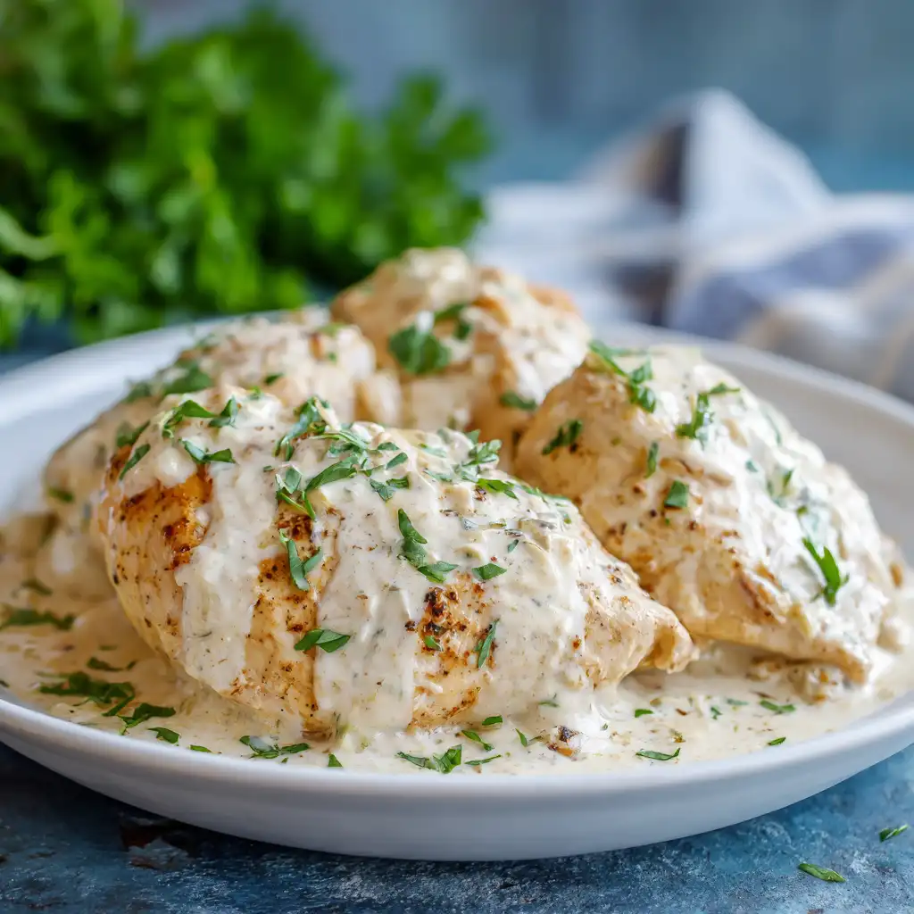 Creamy Ranch Crockpot Chicken served with creamy ranch sauce, perfect Healthy Crockpot Recipe for dinner.