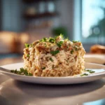 Crockpot Chicken and Rice Casserole with tender chicken, creamy rice, and vegetables in a slow cooker cozy and healthy meal.