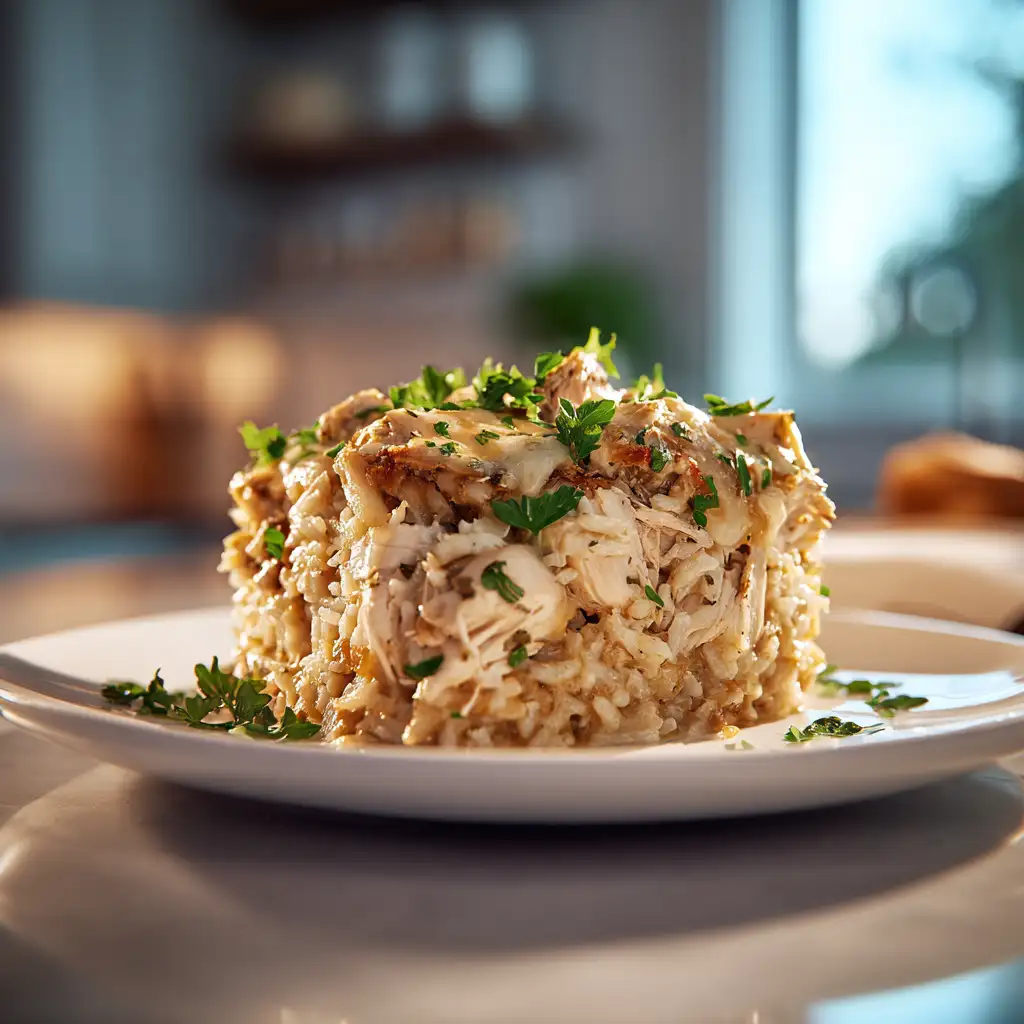 Crockpot Chicken and Rice Casserole with tender chicken, creamy rice, and vegetables in a slow cooker cozy and healthy meal.