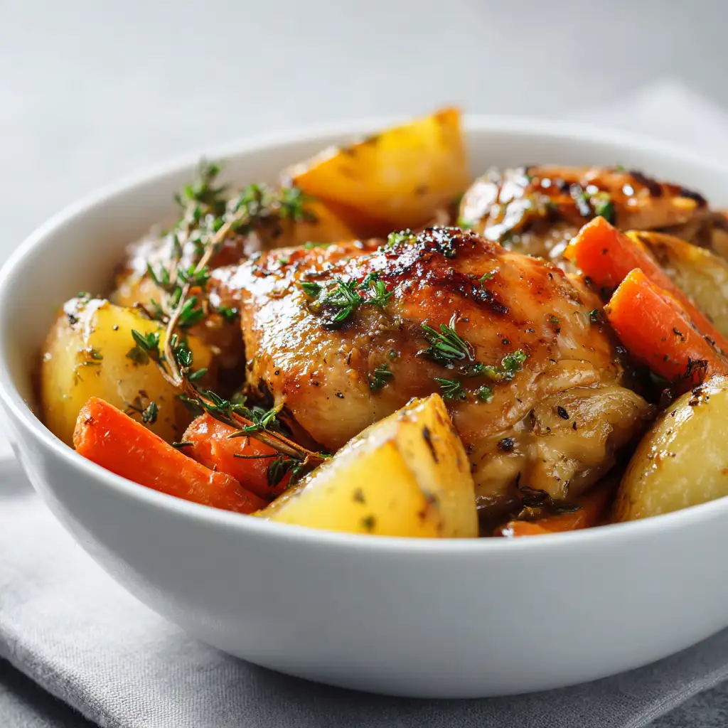 Close-up of Crockpot Chicken with Potatoes and Carrots, featuring tender chicken, hearty vegetables, and savory broth perfect for Healthy Crockpot Meals.
