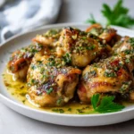 Juicy Garlic Butter Crockpot Chicken Thighs served warm with garlic butter sauce and parsley garnish.