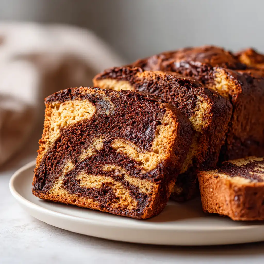 Moist Chocolate Marble Pumpkin Bread with rich cocoa swirl and fall spices.