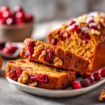 Pumpkin Cranberry Bread with Walnuts: Moist, Nutty, and Perfect for Fall 2 Moist Pumpkin Cranberry Bread with Walnuts on a white plate, showing golden crust and tart cranberry pieces, perfect for fall baking inspiration.