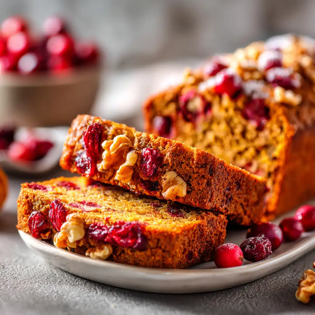 Moist Pumpkin Cranberry Bread with Walnuts on a white plate, showing golden crust and tart cranberry pieces, perfect for fall baking inspiration.