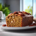 Close-up of Pumpkin Banana Bread with Pecans, golden crust, moist texture, and crunchy pecan topping on a clean white plate.