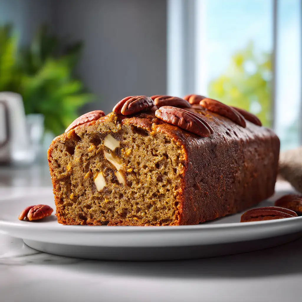 Close-up of Pumpkin Banana Bread with Pecans, golden crust, moist texture, and crunchy pecan topping on a clean white plate.