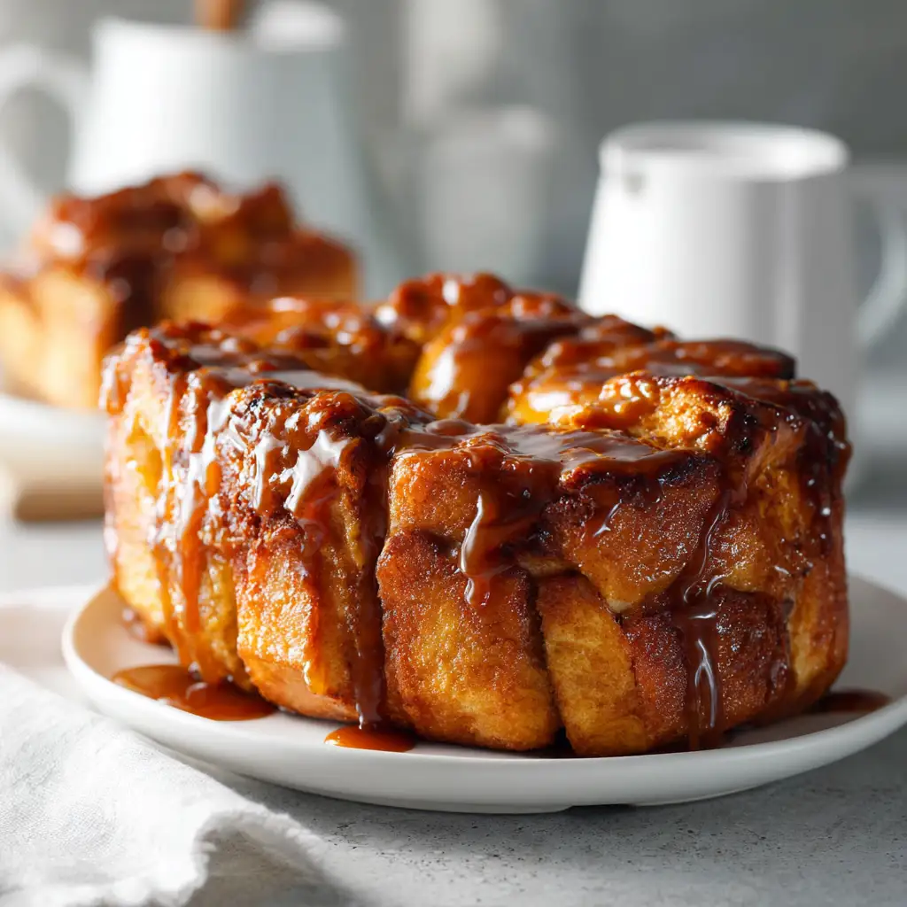A golden loaf of Pumpkin Butter Pull-Apart Bread with soft, gooey layers of pumpkin and spice, perfect for fall.