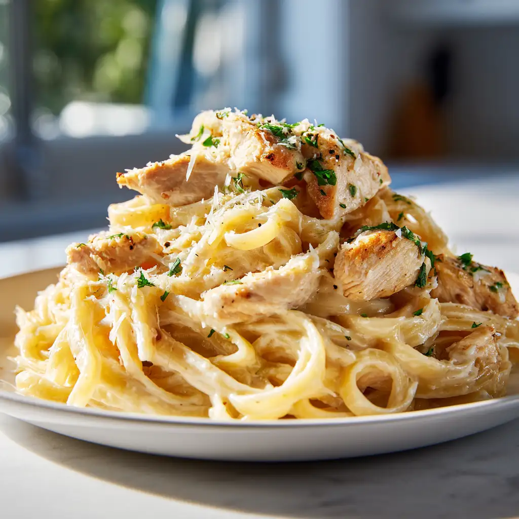 Slow Cooker Chicken Alfredo Pasta in creamy sauce with tender chicken, perfect for Crockpot Recipes For Dinner.