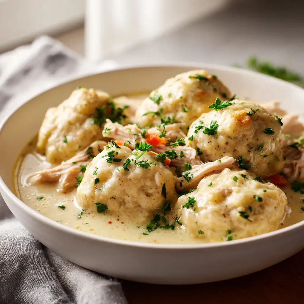Slow Cooker Chicken and Dumplings with fluffy biscuit dumplings and tender chicken in creamy sauce.