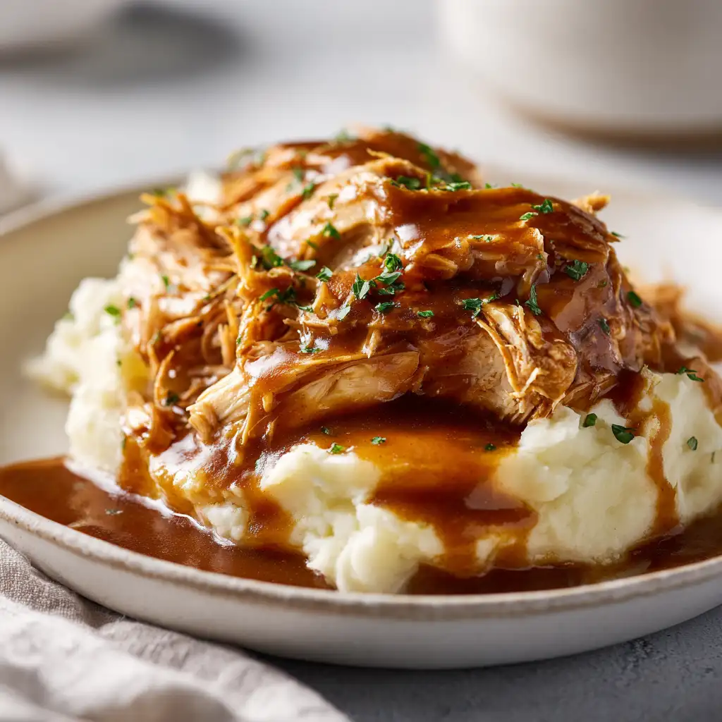 Slow Cooker Chicken and Gravy served with mashed potatoes and parsley comforting crockpot recipe for dinner.