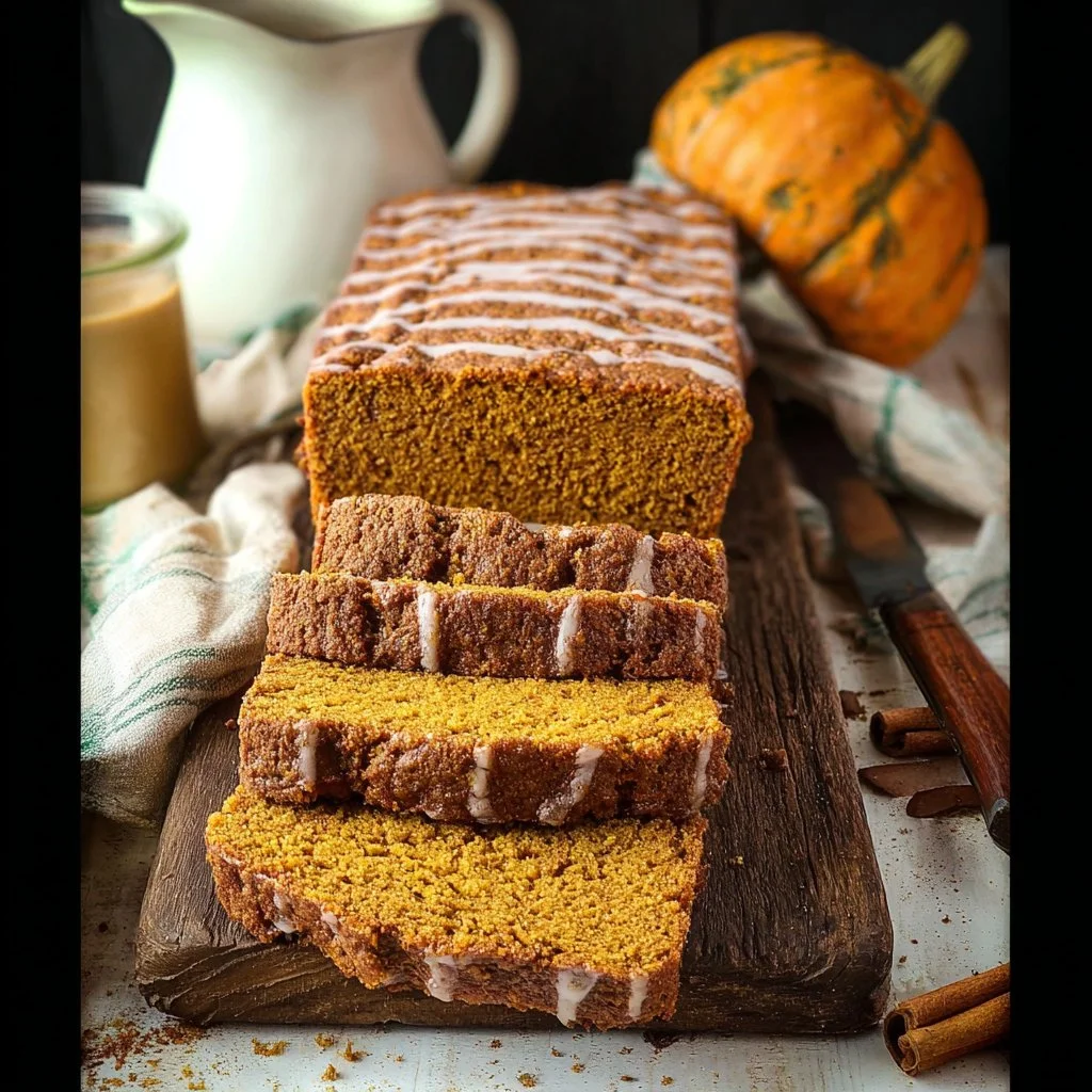 Sliced almond flour pumpkin bread on a wooden cutting board