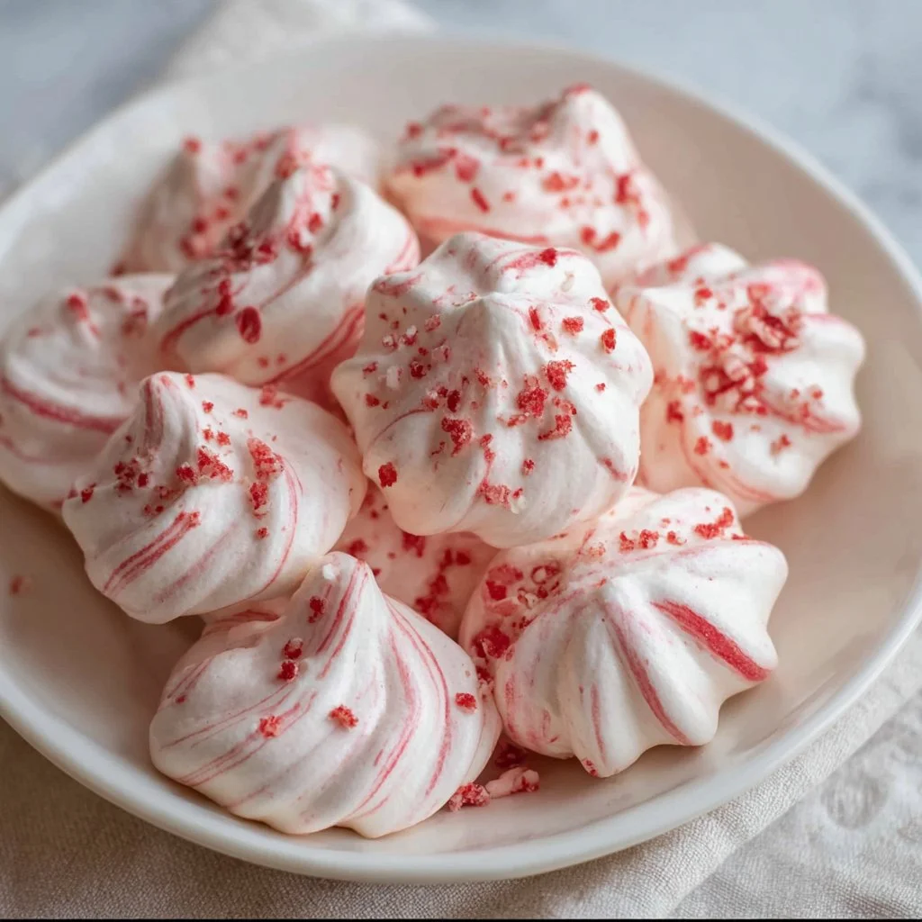 Candy Cane Meringue Cookies decorated with festive red and white swirls