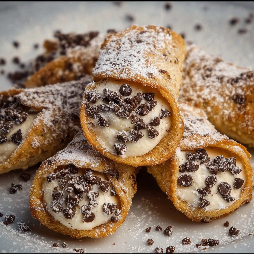 Cannoli cookies with ricotta cream filling decorated with powdered sugar