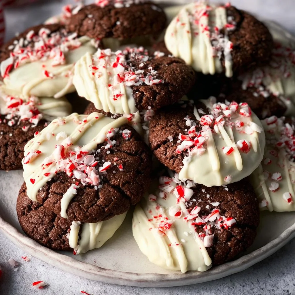 Chocolate cookies dipped in white chocolate and topped with peppermint.
