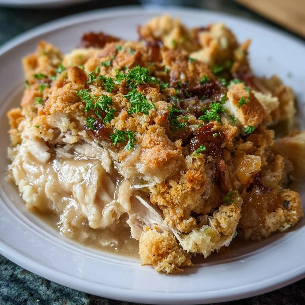 Crockpot chicken and stuffing dish ready to serve
