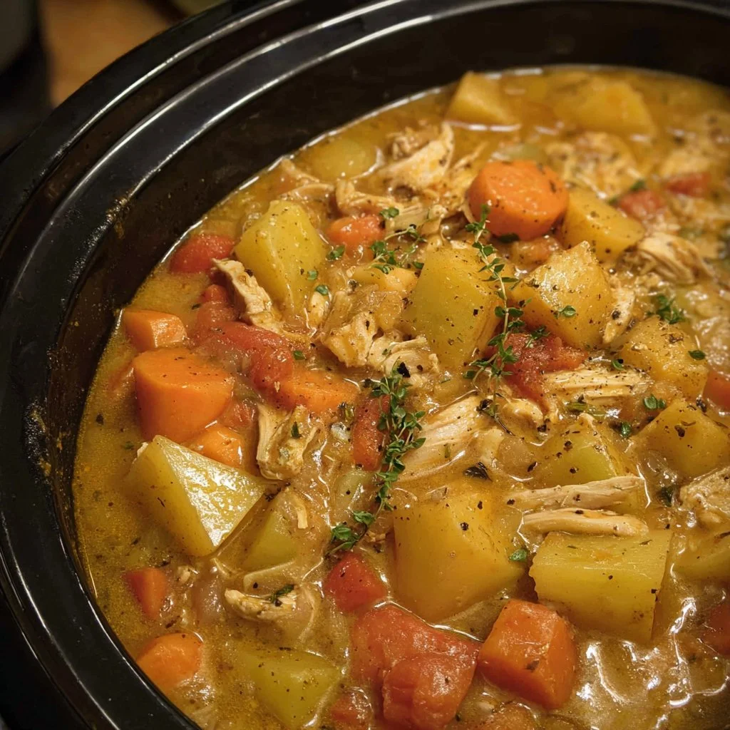 Hearty Crockpot Chicken Stew with vegetables and tender chicken in a bowl