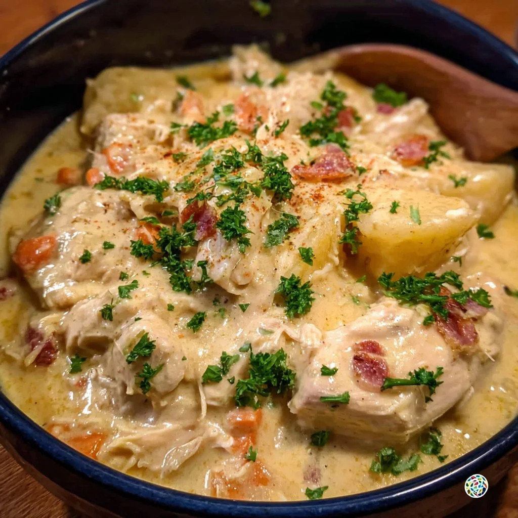Crockpot creamy ranch chicken dish served on a plate with herbs
