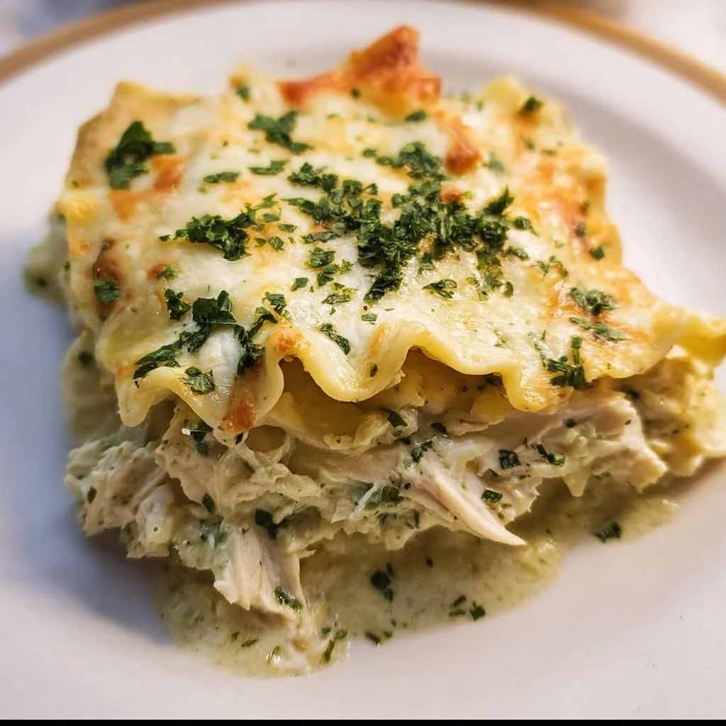 Creamy Crockpot white chicken lasagna topped with cheese and herbs