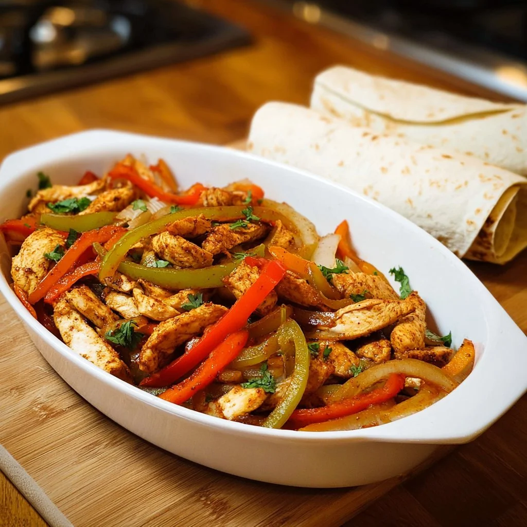 Easy make-ahead chicken fajitas with peppers and onions in a tortilla