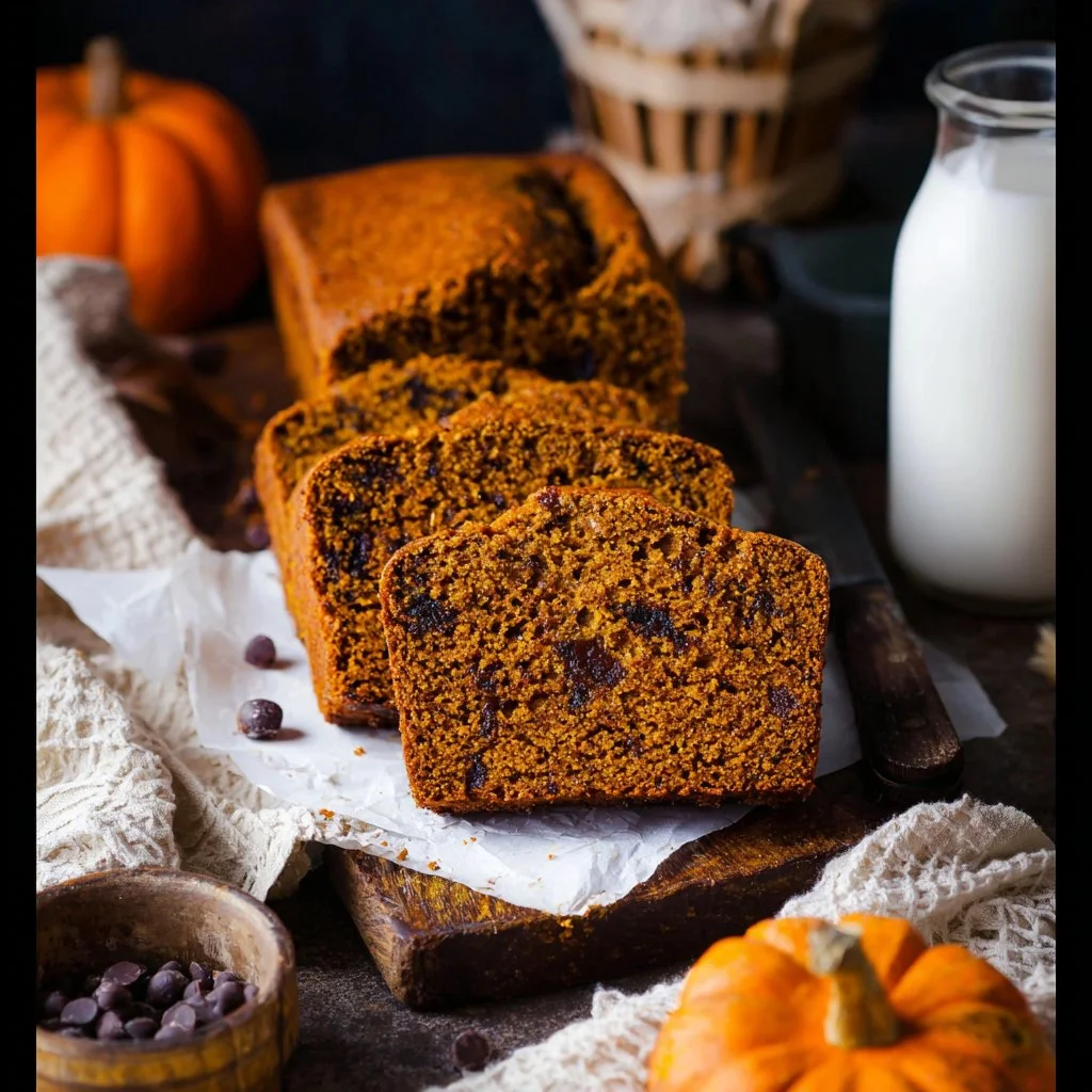 Slices of healthy pumpkin bread topped with pumpkin seeds on a wooden table.