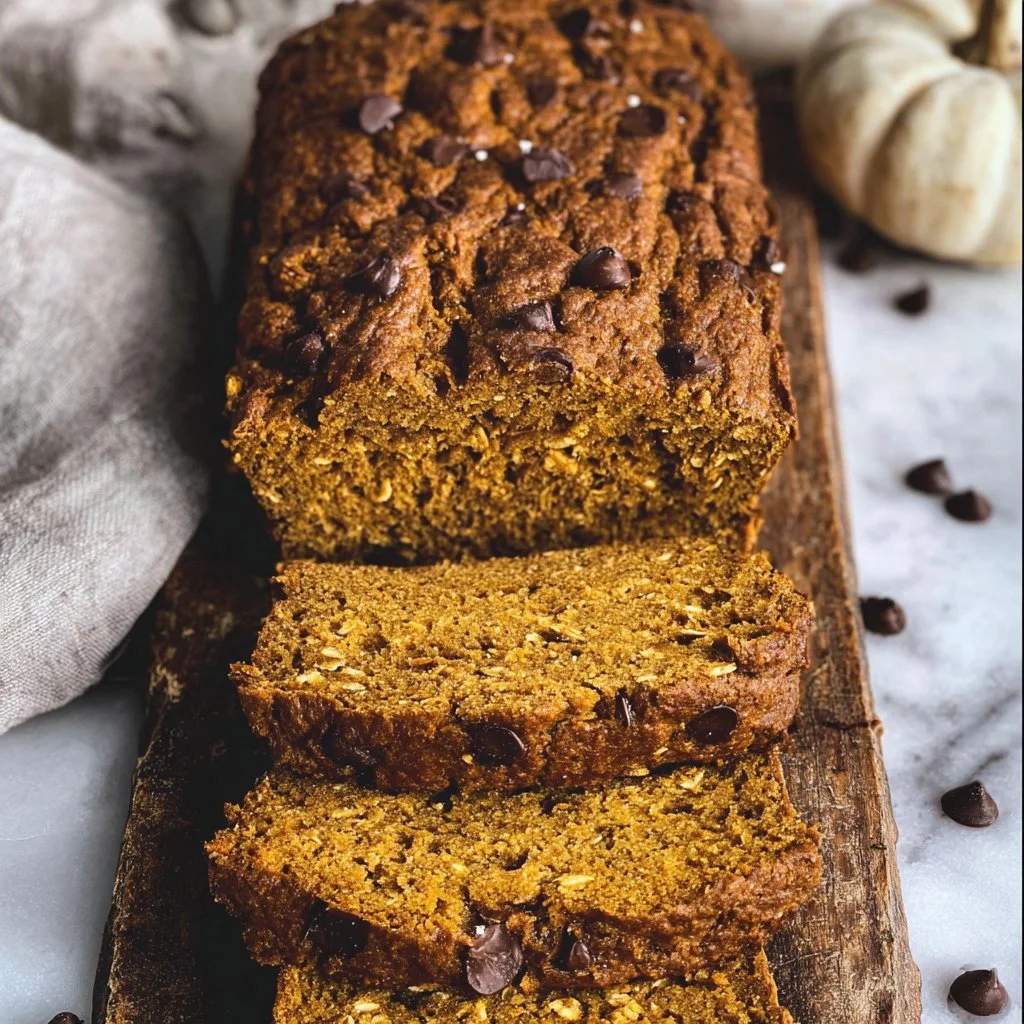 Sliced healthy pumpkin oat bread on a wooden cutting board