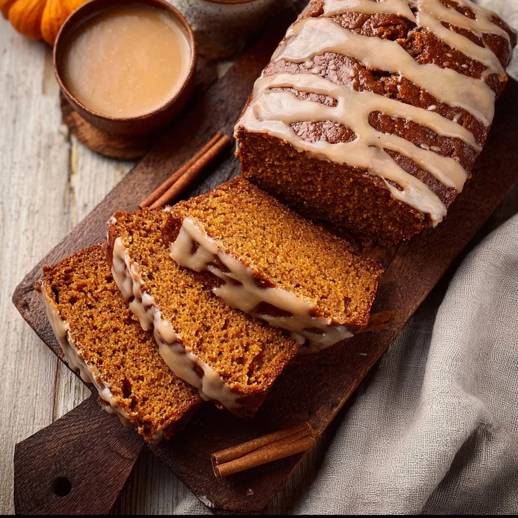 Homemade pumpkin bread topped with a browned butter glaze on a wooden table.