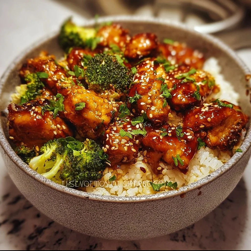 Delicious Hot Honey Chicken Bowl topped with vegetables and rice