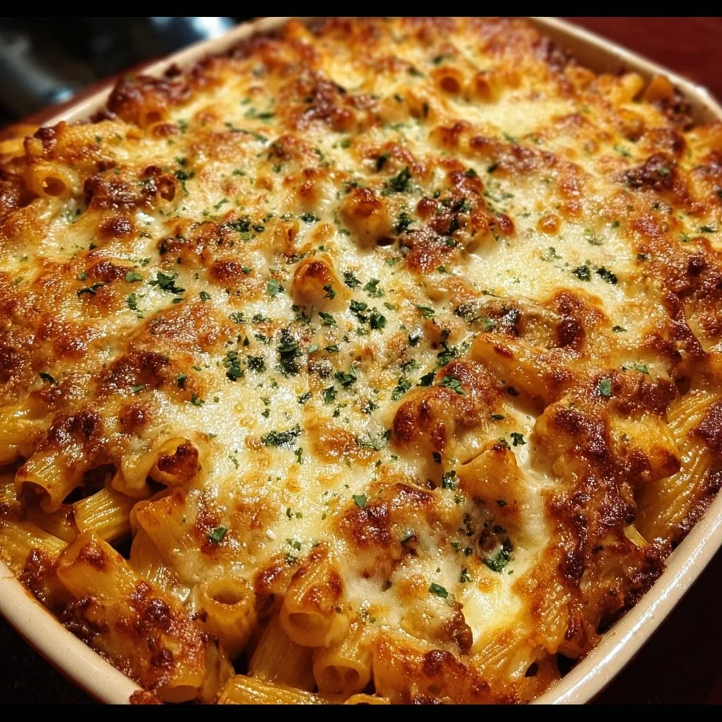 Delicious Million Dollar Baked Ziti topped with melted cheese and herbs
