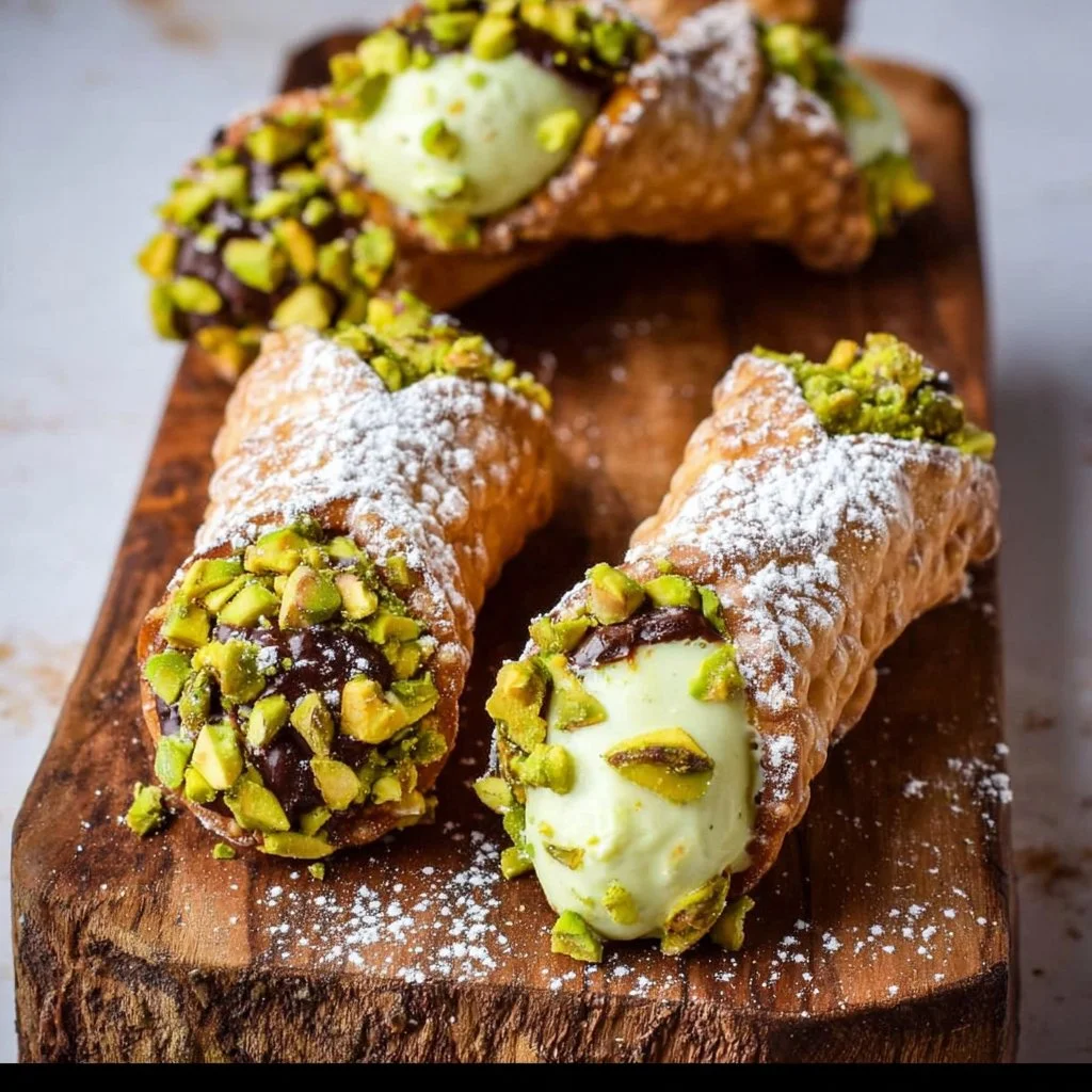 Delicious homemade Pistachio Cannoli filled with creamy pistachio filling