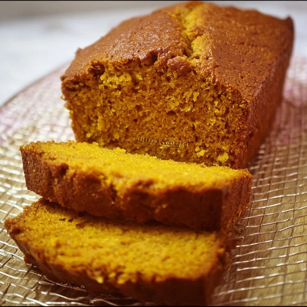 Slice of rich and buttery pumpkin bread on a wooden table.