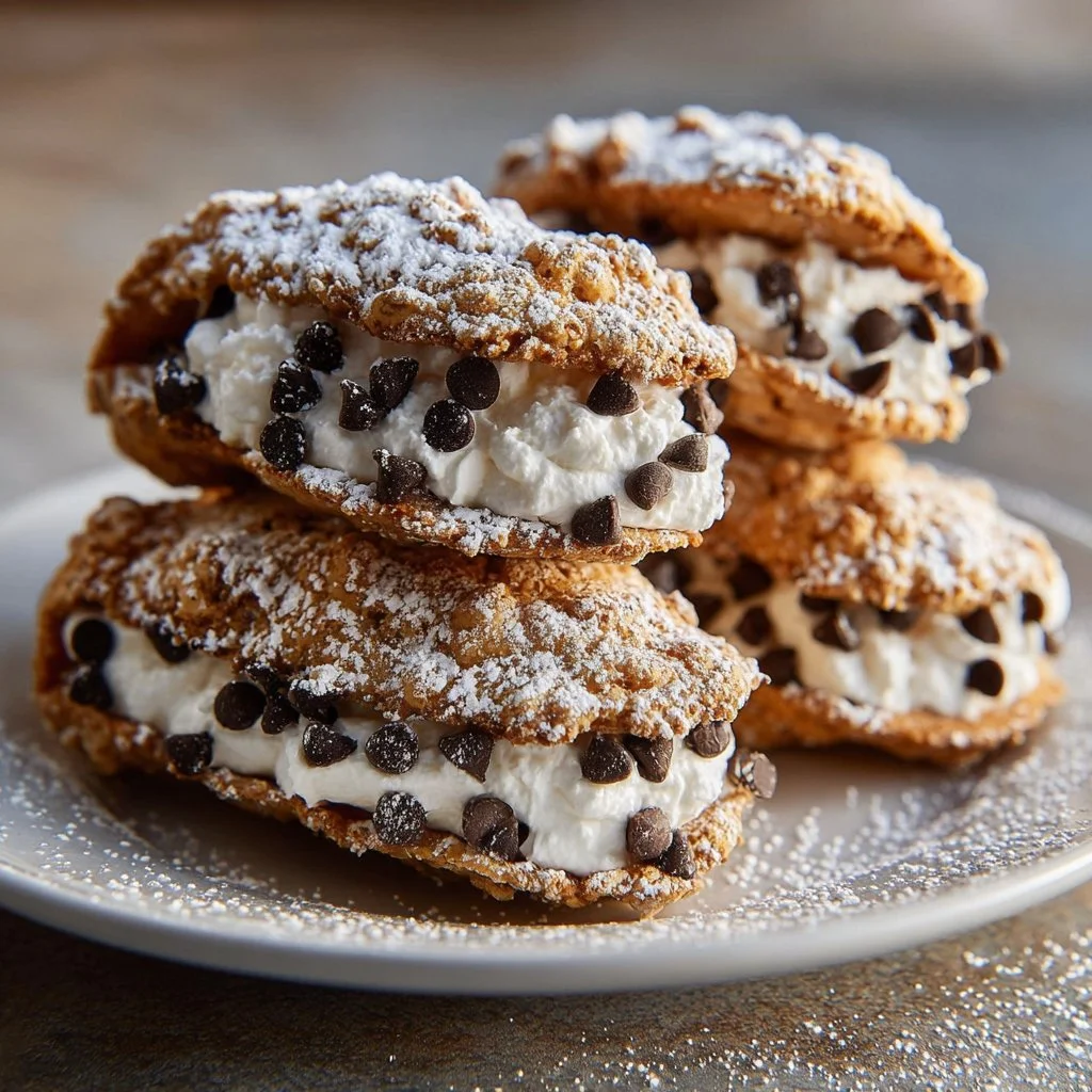 Sicilian cannoli sandwich cookies with creamy filling and chocolate chips