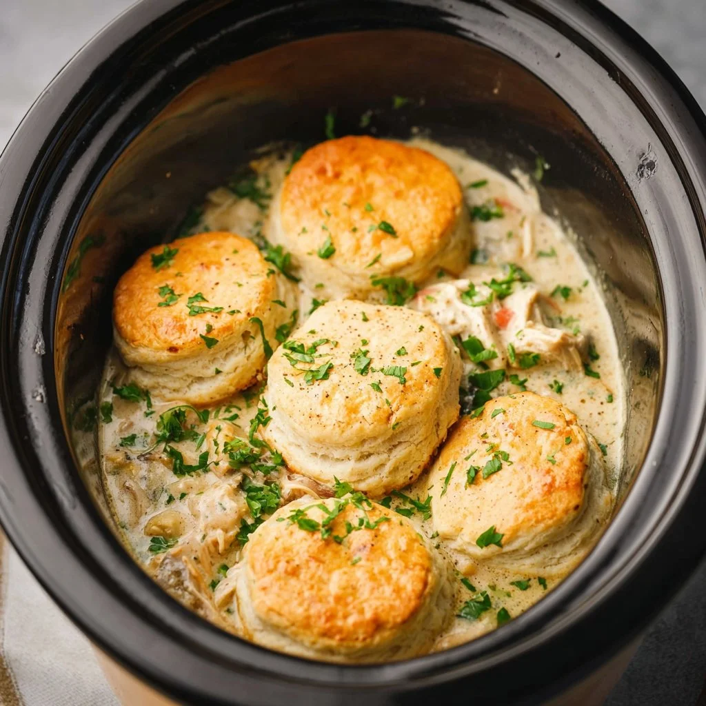 Delicious slow cooker chicken and biscuits served in a bowl