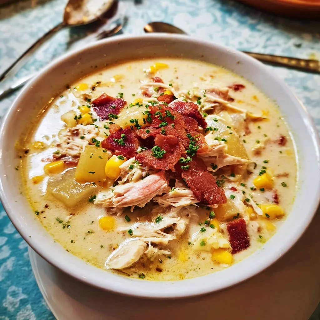 Bowl of slow cooker chicken corn chowder with corn and chicken pieces.