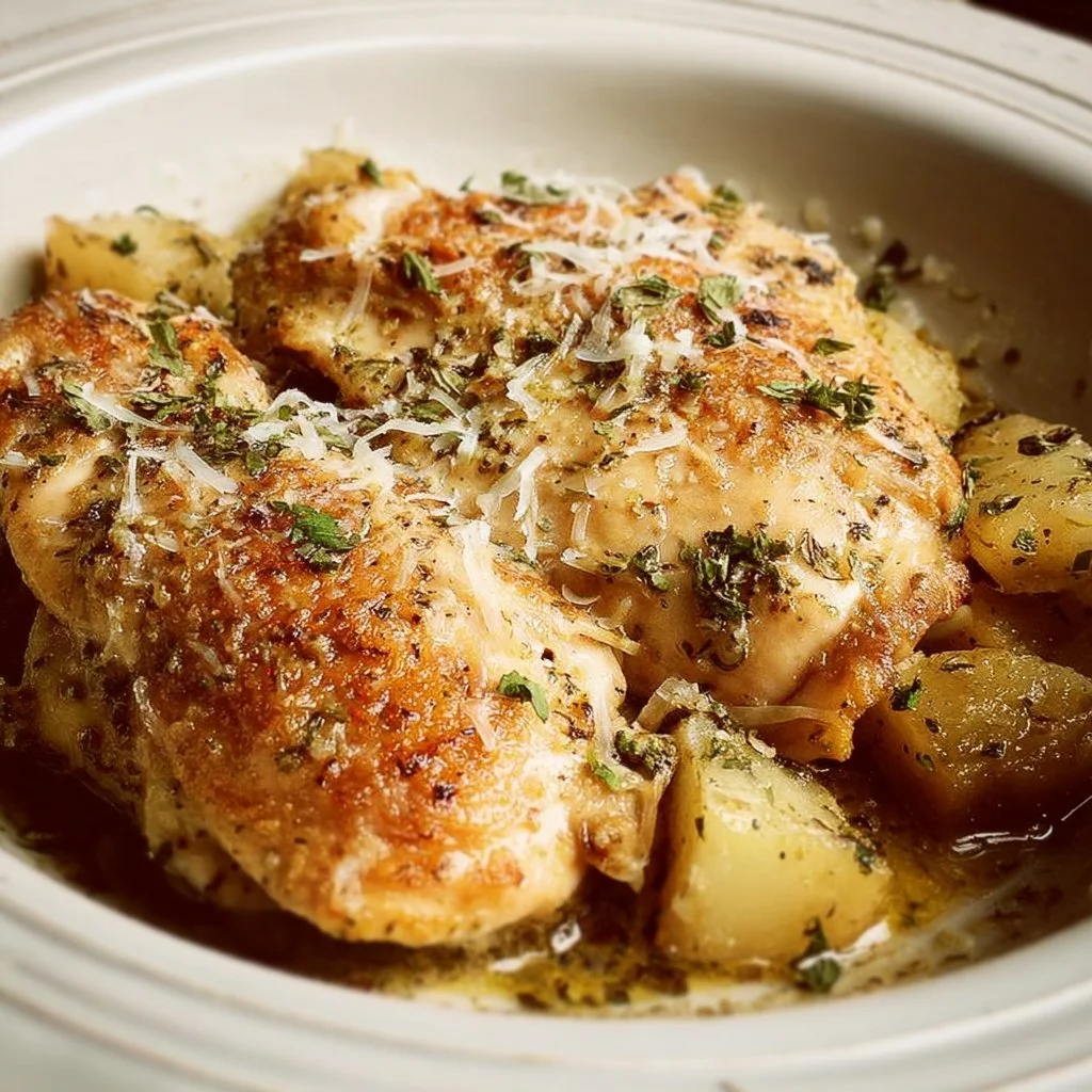 Slow-cooked Garlic-Parmesan Chicken garnished with herbs on a plate