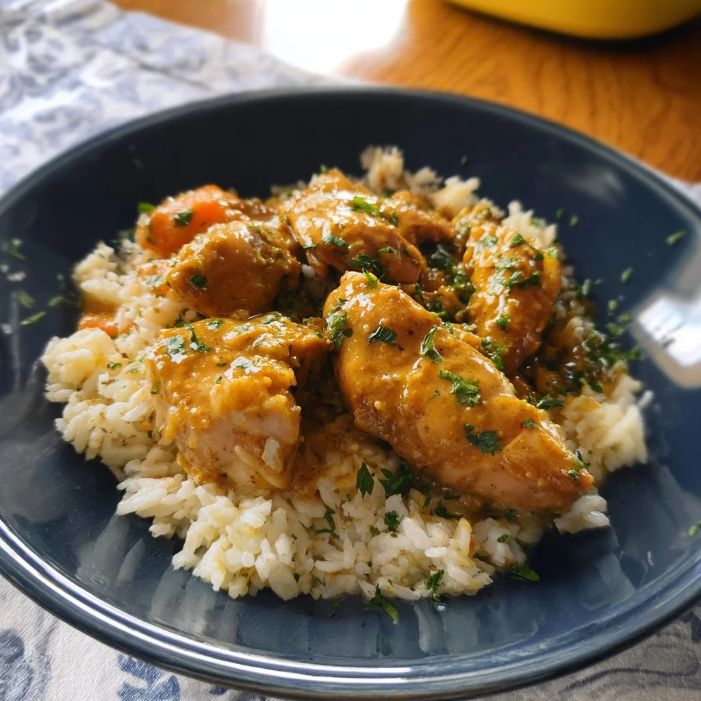 Slow cooker honey mustard chicken served with vegetables on a plate
