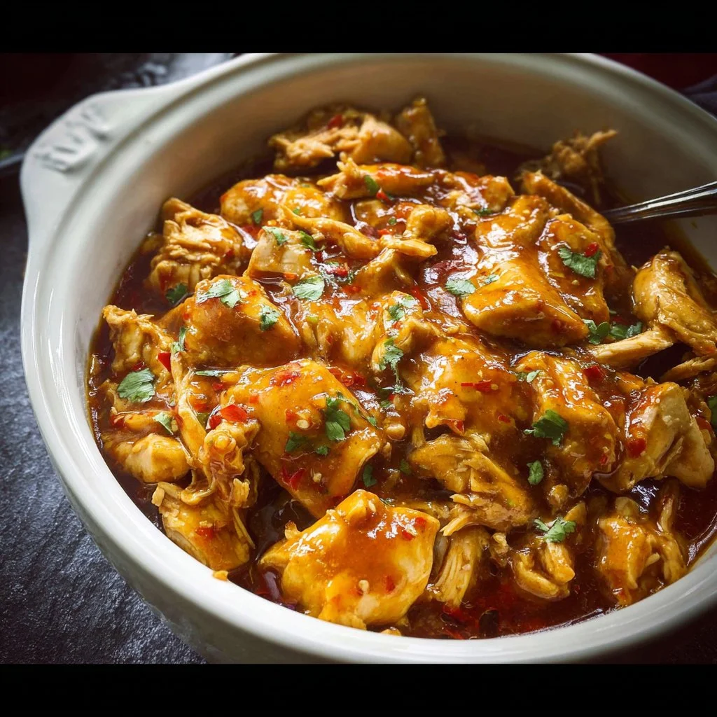 Delicious slow cooker sweet chili chicken served with rice and vegetables.