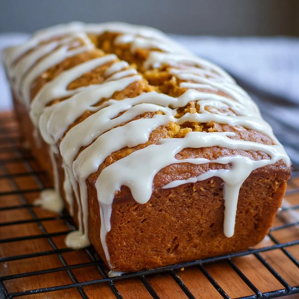Delicious pumpkin bread drizzled with cream cheese glaze on a wooden table