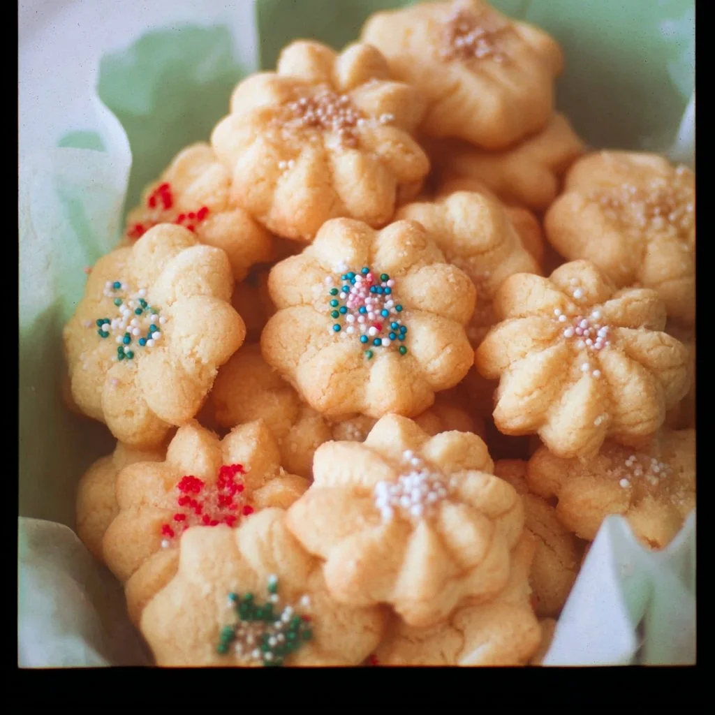 Decorated spritz cookies on a festive plate.