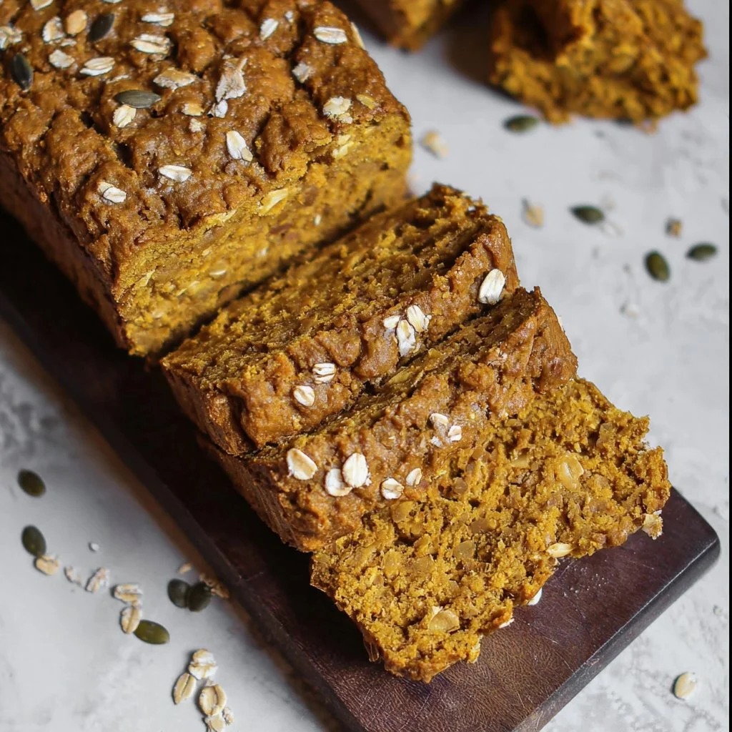 Delicious vegan chia pumpkin and oat snacking loaf ready to be enjoyed.