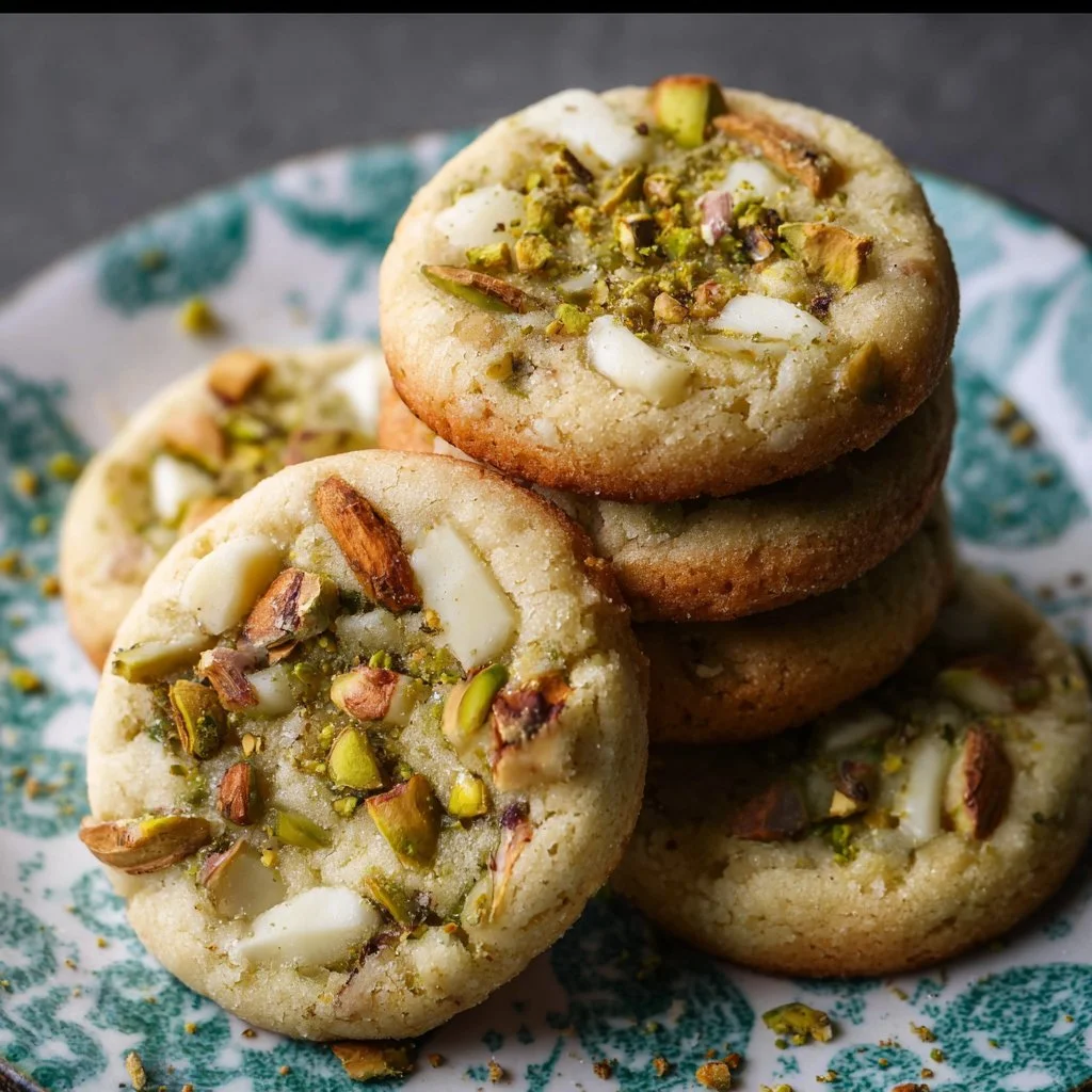 White chocolate pistachio butter cookies on a wooden table