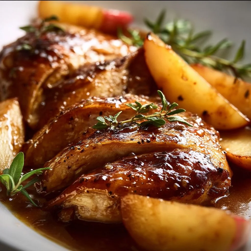 Juicy Apple Cider Chicken topped with herbs and spices, served on a plate.