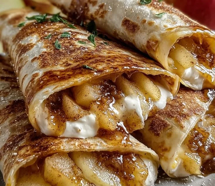 Apple cinnamon breakfast quesadillas served on a plate with fresh apple slices.