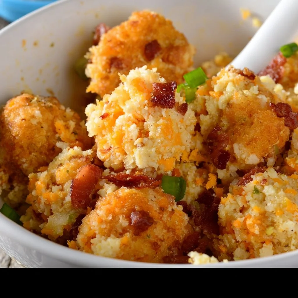 Bacon cheddar cauliflower tots served crispy and golden brown