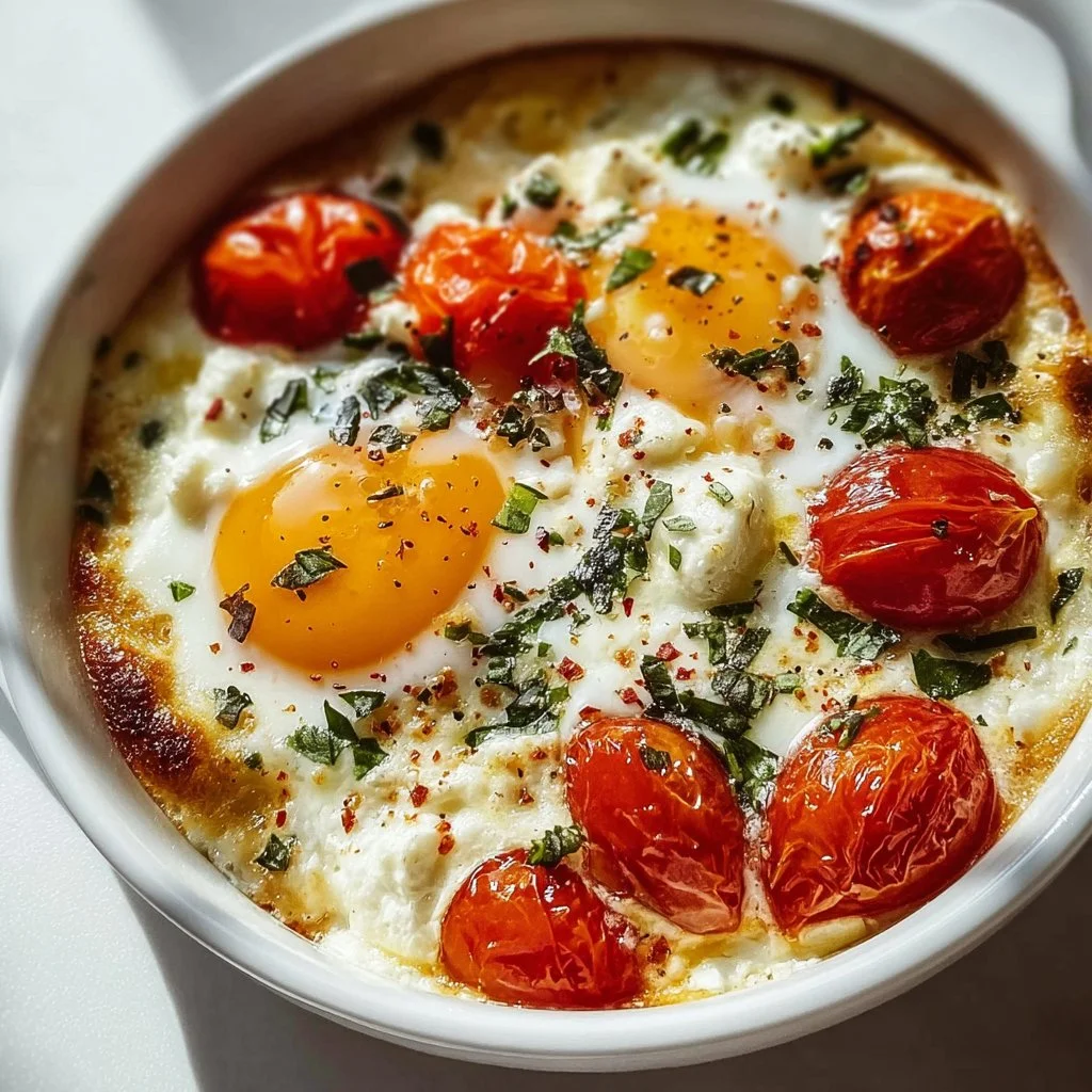 Delicious baked feta eggs served in a rustic dish, topped with herbs.
