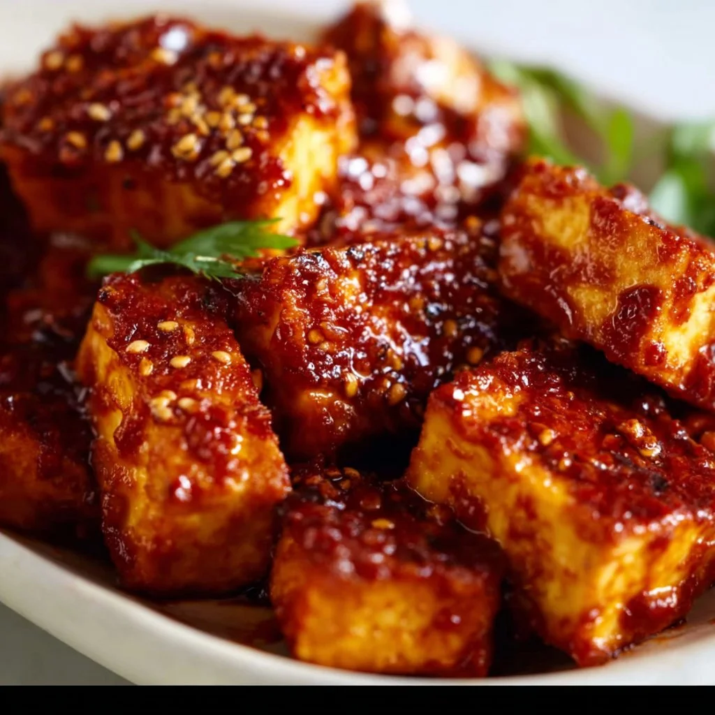 Baked gochujang tofu dish served on a plate with garnishes.