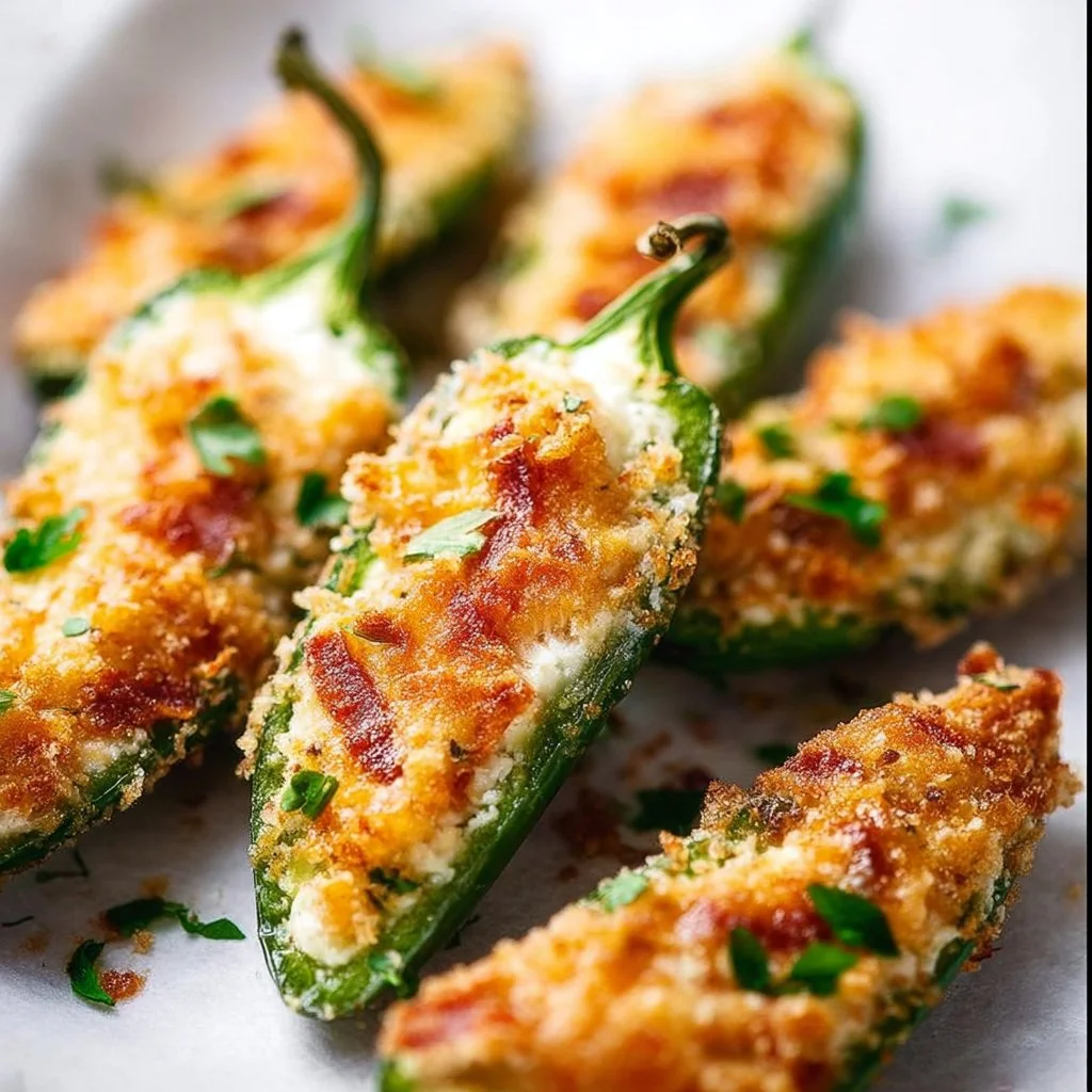 Baked jalapeno poppers on a plate, garnished with herbs.