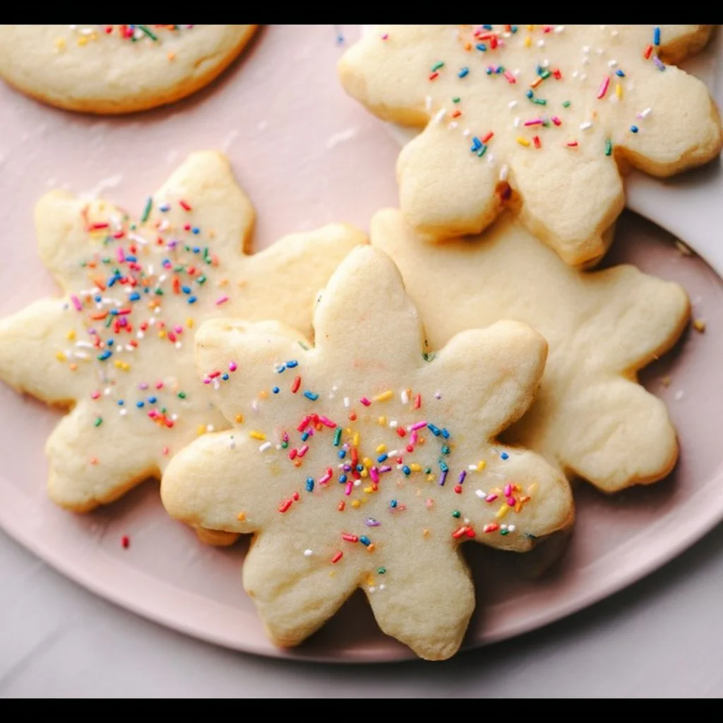 Freshly baked sugar cookies on a plate with colorful sprinkles