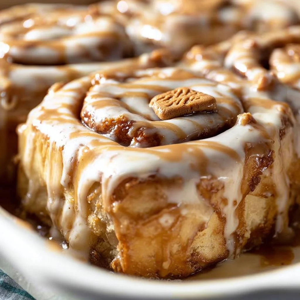 Delicious Biscoff cinnamon rolls topped with frosting on a plate